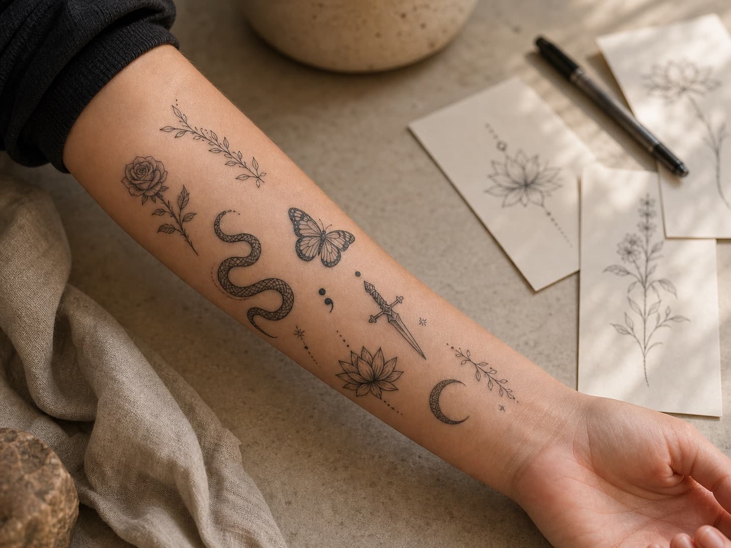 Tattoo idea flash sheets laid out on a table